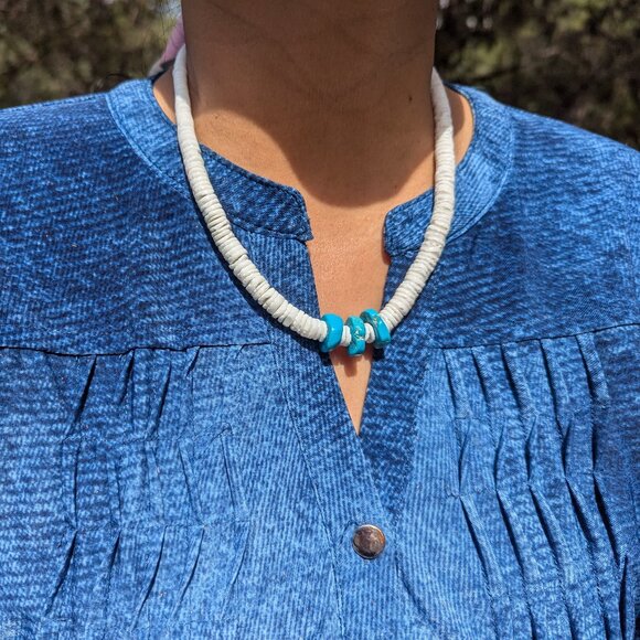 Navajo Graduated White Shell with Kingman Turquoise Beaded Necklace NA Jewelry * - Picture 4 of 11
